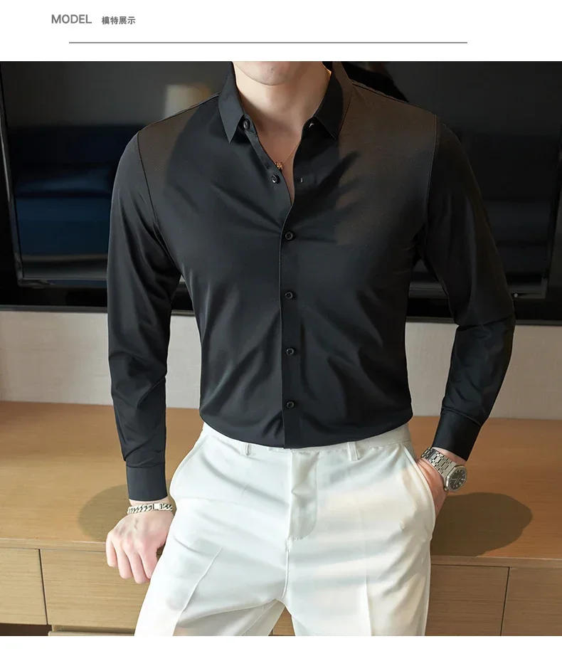 Description Picture 4 of item2023 New High Quality No Trace Ice Silk Long Sleeve Elastic Shirts Men Formal Business Slim Fit Solid Casual Shirt Tuxedo 4XL-M