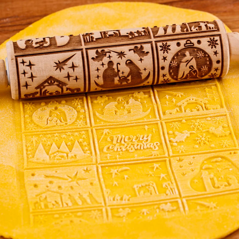 Description Picture 2 of item35X4.5CM 9 Grids Christmas Jesus Snowflake Angel Deep Engraved Wooden Embossed Cookies Rolling Pin for Baking 3D Mold
