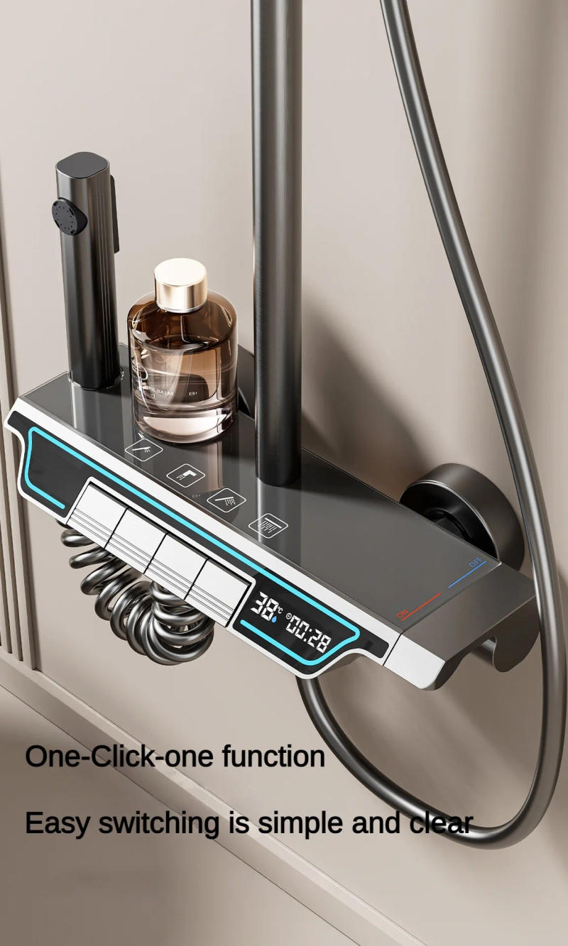 Description Picture 5 of itemLED Smart Digital Display Shower System Bathroom Wall-mounted Four Function Piano Key Rainfall Pressurized Shower Faucet Set