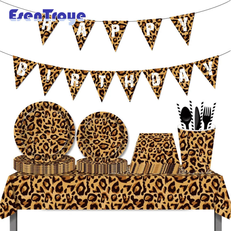 Description Picture 3 of itemWoodland Animals Disposable Tableware Tiger Leopard Print Tablecloth Plates Cups Tissue Jungle Safari Birthday Party Decoration