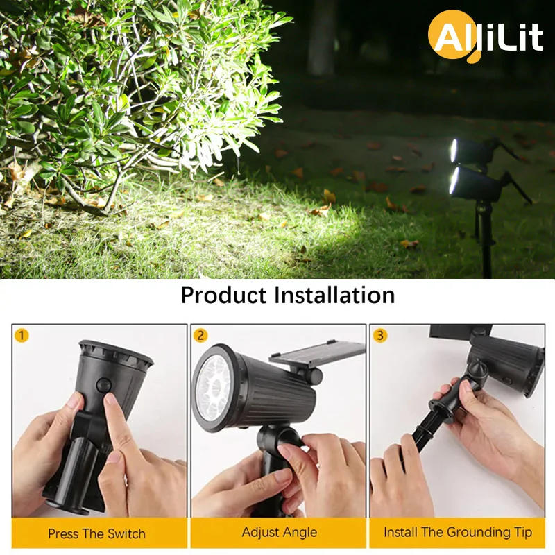 Description Picture 3 of itemAlliLit 1-2 PCS Outdoor IP65 Waterproof Spotlight Adjustable Brightness Garden Ground Plug Light LED Solar Ground Plug Light