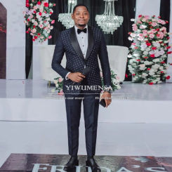 Luxury Navy Blue Suits Men For Wedding Beaded Stoned Jacket Pants 2 Pieces Groomsman Tuxedos Tailored Formal Party Dinner Dress