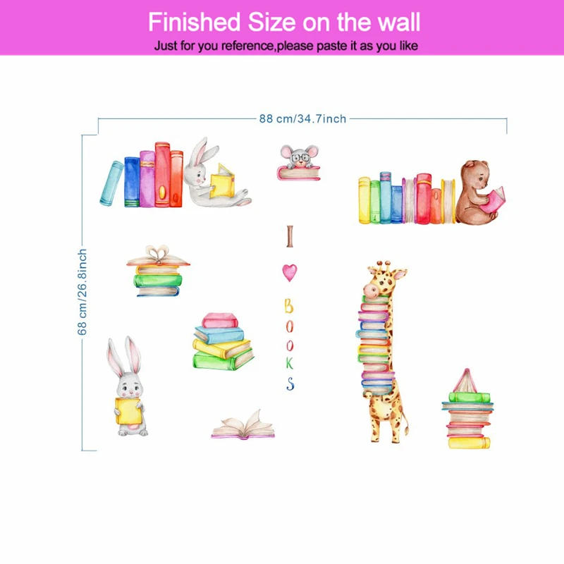 Description Picture 6 of itemCute Rabbit Bear Giraffe Read Books Wall Stickers For Kids Bedroom Home Decoration Cartoon Animal Mural Art Pvc Decals Poster