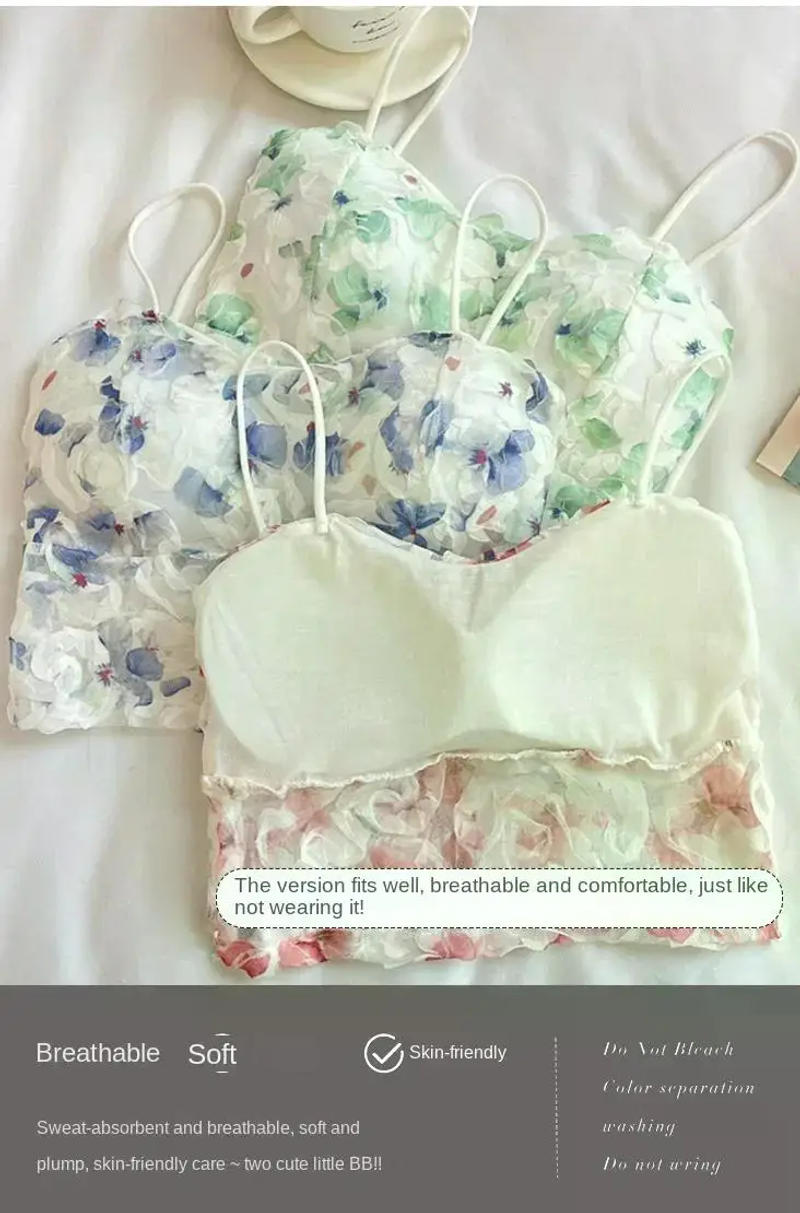 Description Picture 5 of itemLace Crop Top Women Rose Floral Bra Mesh Tube Top Beauty Back Bra Seamless Cami with Chest Pads Sexy Tank Top Sweet Lingerie