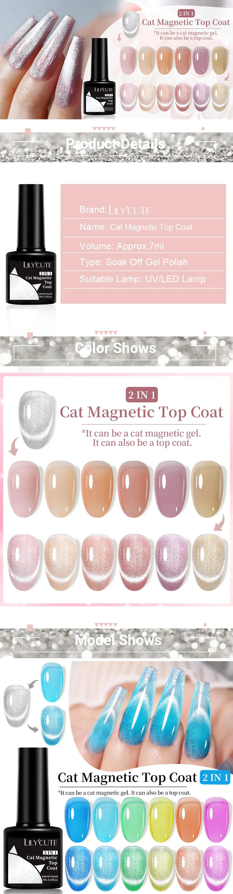 Description Picture 2 of itemLILYCUTE 3Pcs/Set 7ML Cat Magnetic Top Coat Jelly Nude Gel with Magnetic Stick Semi Permanent Cat Magnetic Gel Polish LED UV Gel