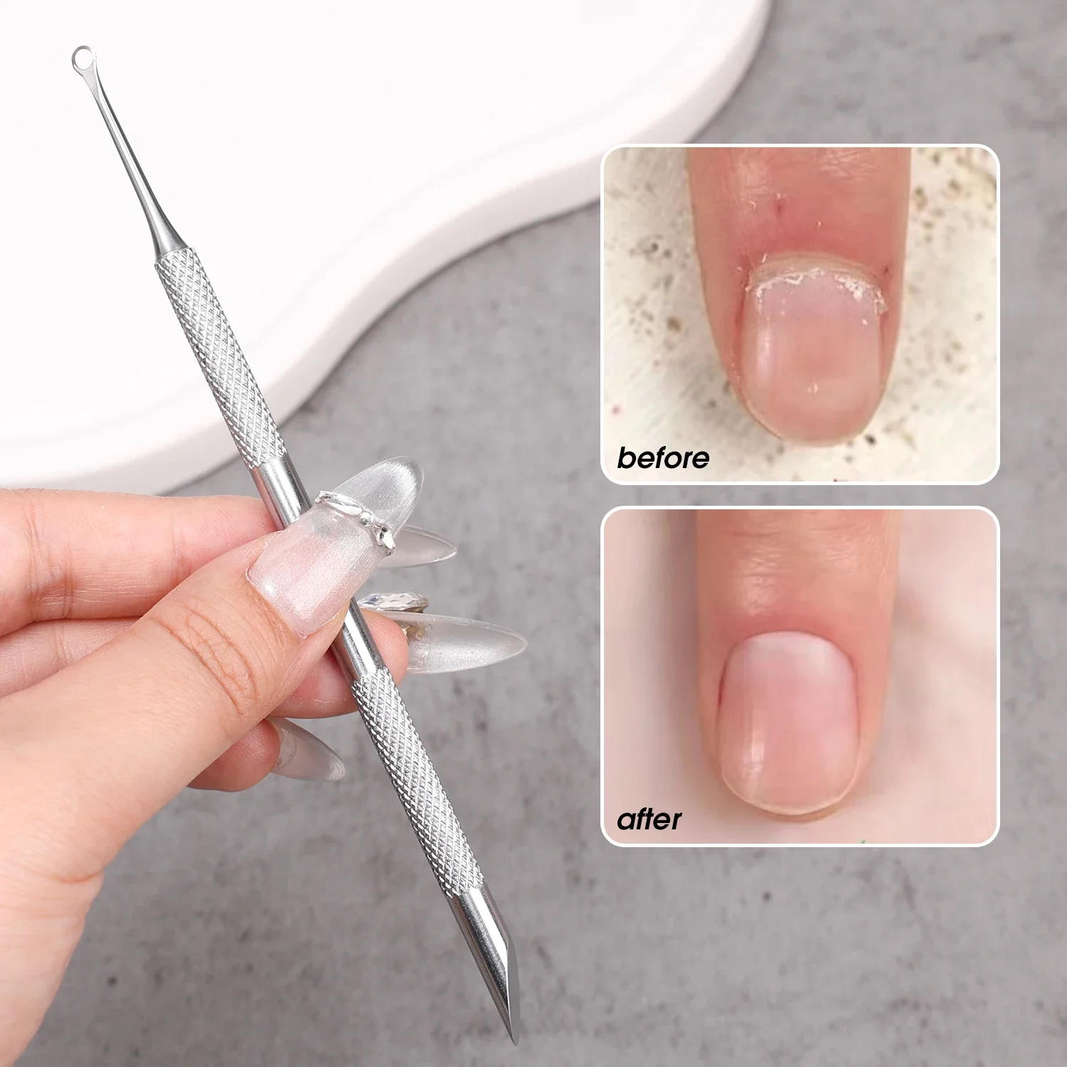 Description Picture 6 of itemStainless Steel Remover Dead Skin Nail Tools Circle Beveled Head Cuticle Pushers Remover Manicure Grinding File Nail Arts