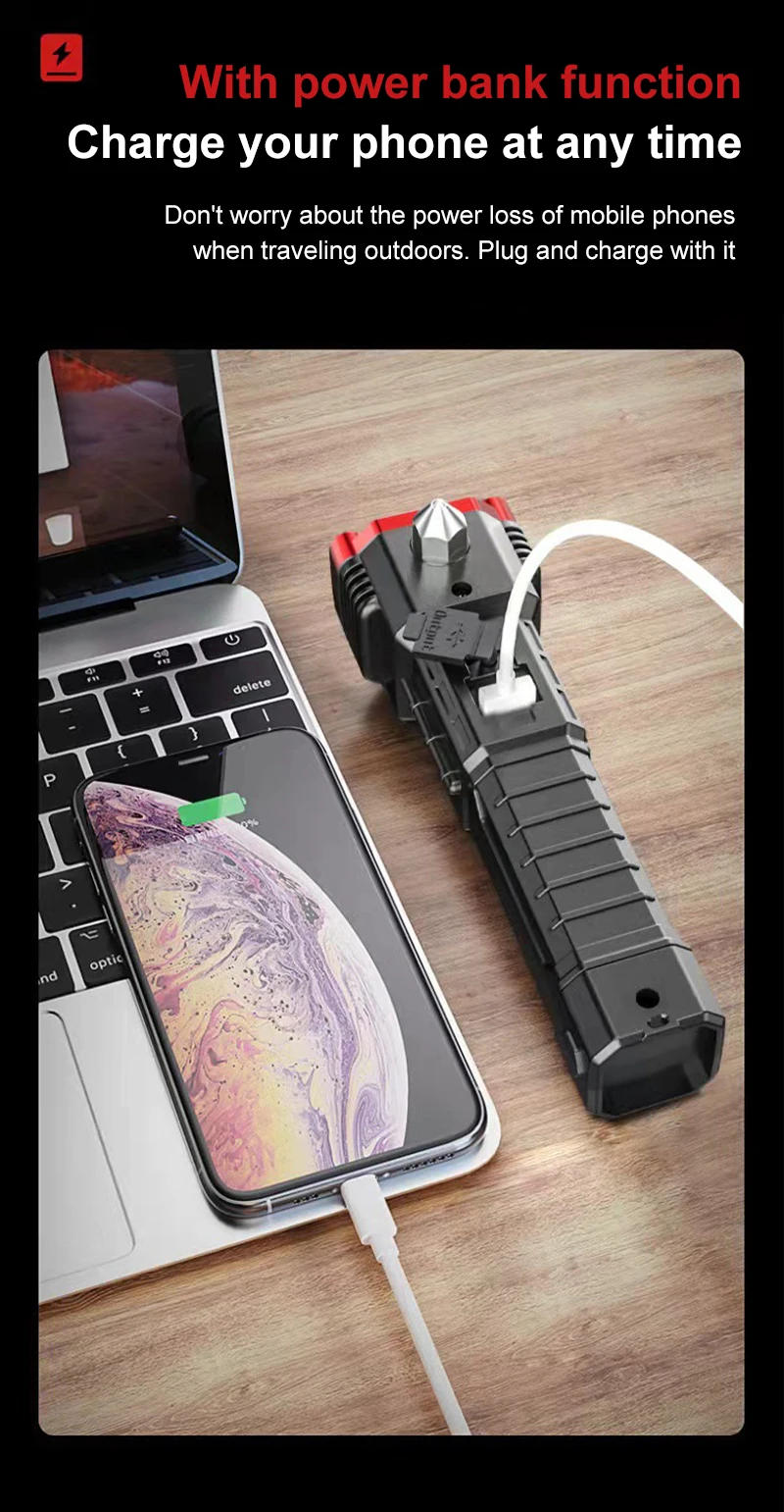 Description Picture 6 of itemTactical LED Flashlight USB Rechargeable Battery Flashlamp Multifunctional Car Safety Hammer Window Breaker Self Defense Lantern