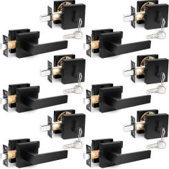 Flat Black Passage Door Lever with Single Cylinder Deadbolts Combo Pack, Modern Square Lock Set