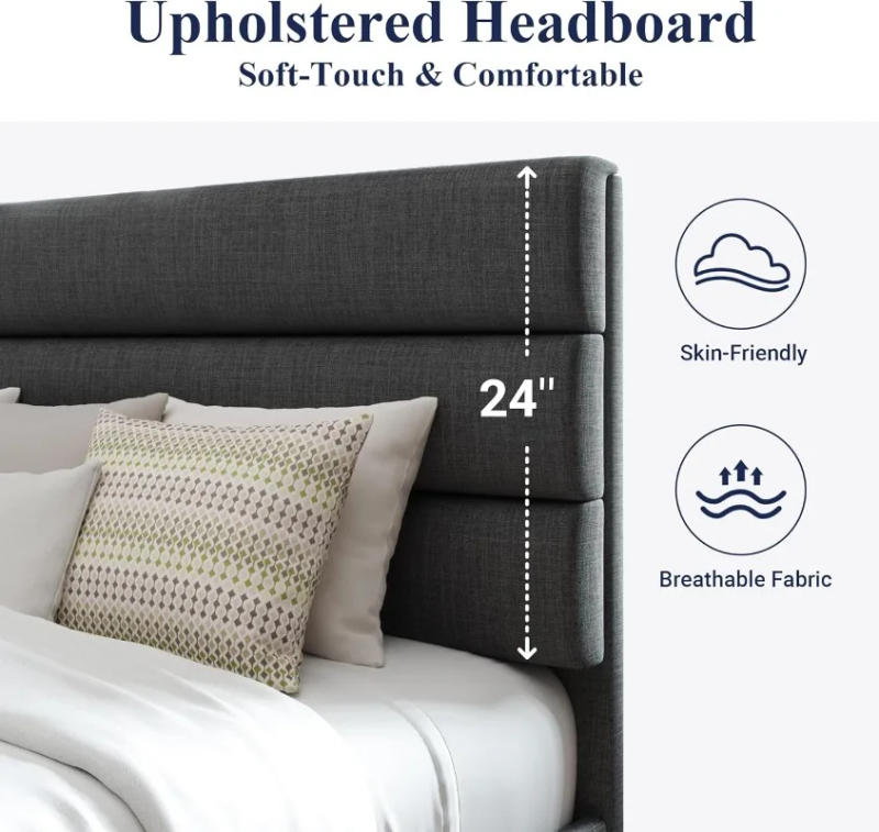 Description Picture 5 of itemQueen Size Platform Bed Frame with Fabric Upholstered Headboard and Wooden Slats Support Fully Upholstered Foundation Dark Grey