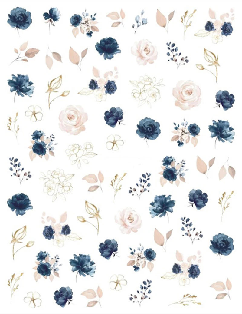 Description Picture 2 of item3d Nail Art Decals Royalblue White Florals Watercolor Flowers Leaves Adhesive Sliders Nail Stickers For Nail Tips Beauty