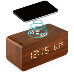 Wooden Digital Alarm Clock Wireless Charging 24/12 Hour Setting LED Large Screen Display Table clock Snooze for Home Bedroom