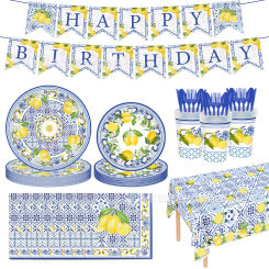 Lemon Fruit Blue and White Porcelain Paper Plates Tray Floral Party Picnic Wedding Birthday Children Disposable Tableware Dish