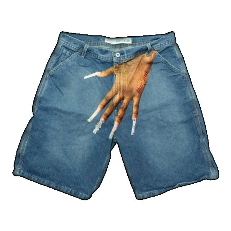 Description Picture 2 of itemEuropean and American hip-hop denim shorts Y2K personalized printed finger blue loose shorts basketball shorts street wear