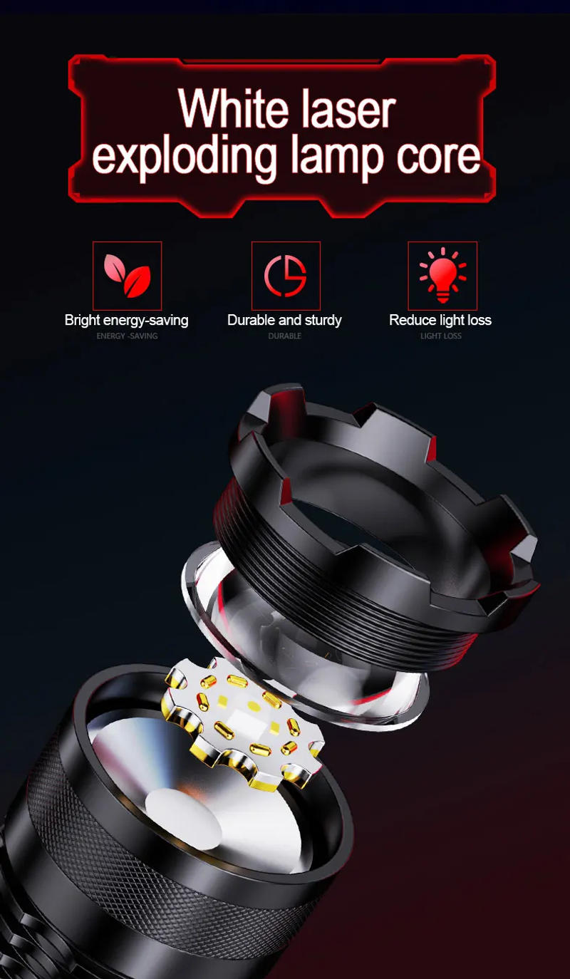 Description Picture 4 of itemLED Laser Flashlight Rechargeable Super Bright Telescopic Zoom Tactical Torches Camping Hiking Emergency Handheld Flash Light