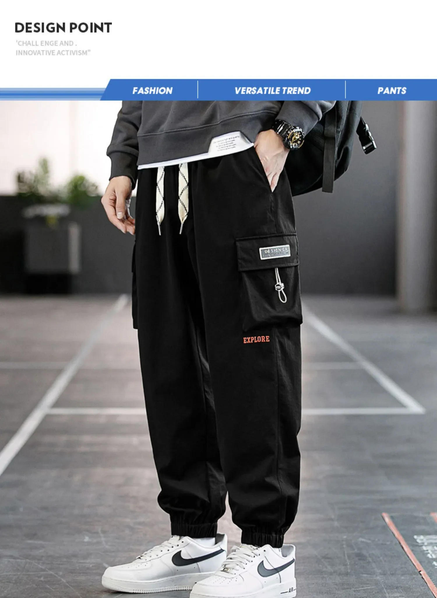 Description Picture 3 of itemSummer 2023 New Thin Casual Sports Pants Fashion Loose Solid Leggings Trousers Big Pockets Elastic Mid-Waist Male Pants