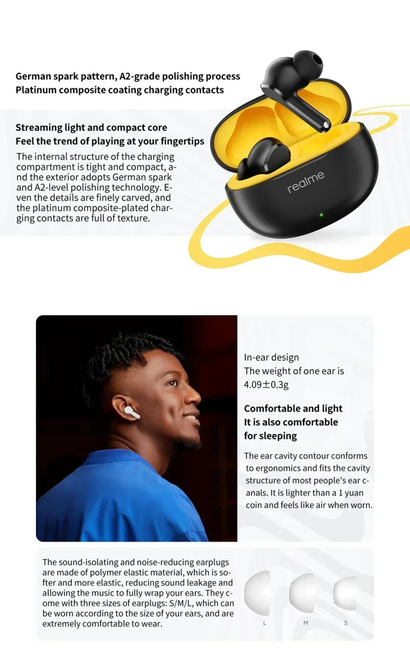 Description Picture 5 of itemRealme Buds T110 Earphone Bluetooth 5.4 AI ENC Noise Cancelling Headset IPX5 Waterproof 38 Hours Battery Life 460mAh Headphones