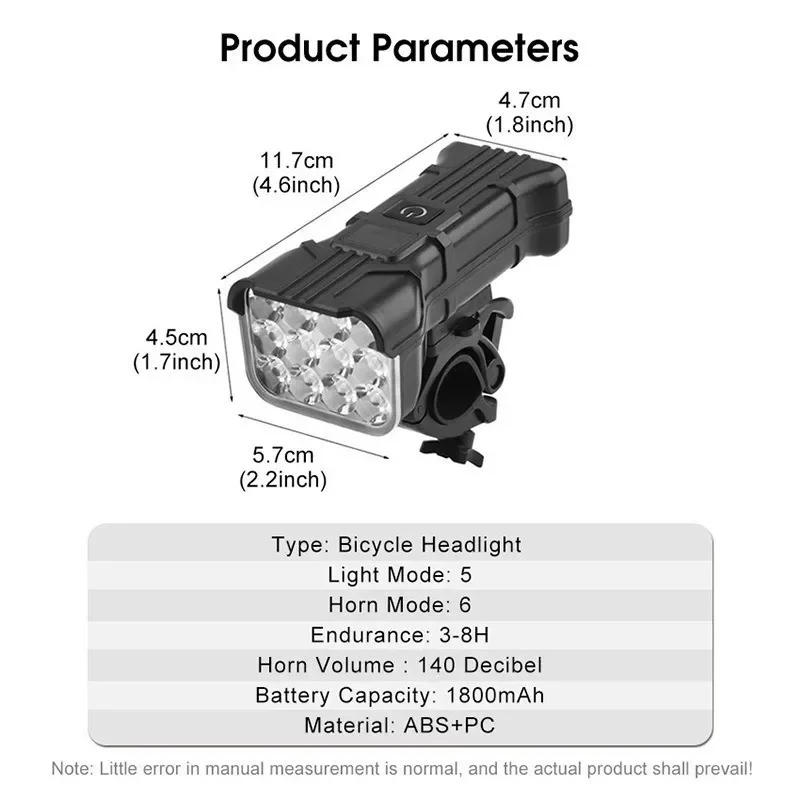Description Picture 4 of itemBicycle Headlights with Horn 12 LED Bicycle Front Flashlight 140dB Loudly Speakers USB Rechargeable Waterproof Bike Lamp Bells