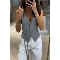 Spring Summer New Solid Color Vest Tops Women Sexy Deep V-neck Leace-up Slim Sleeveless Vests Trend Casual Lady Commuting Outfit