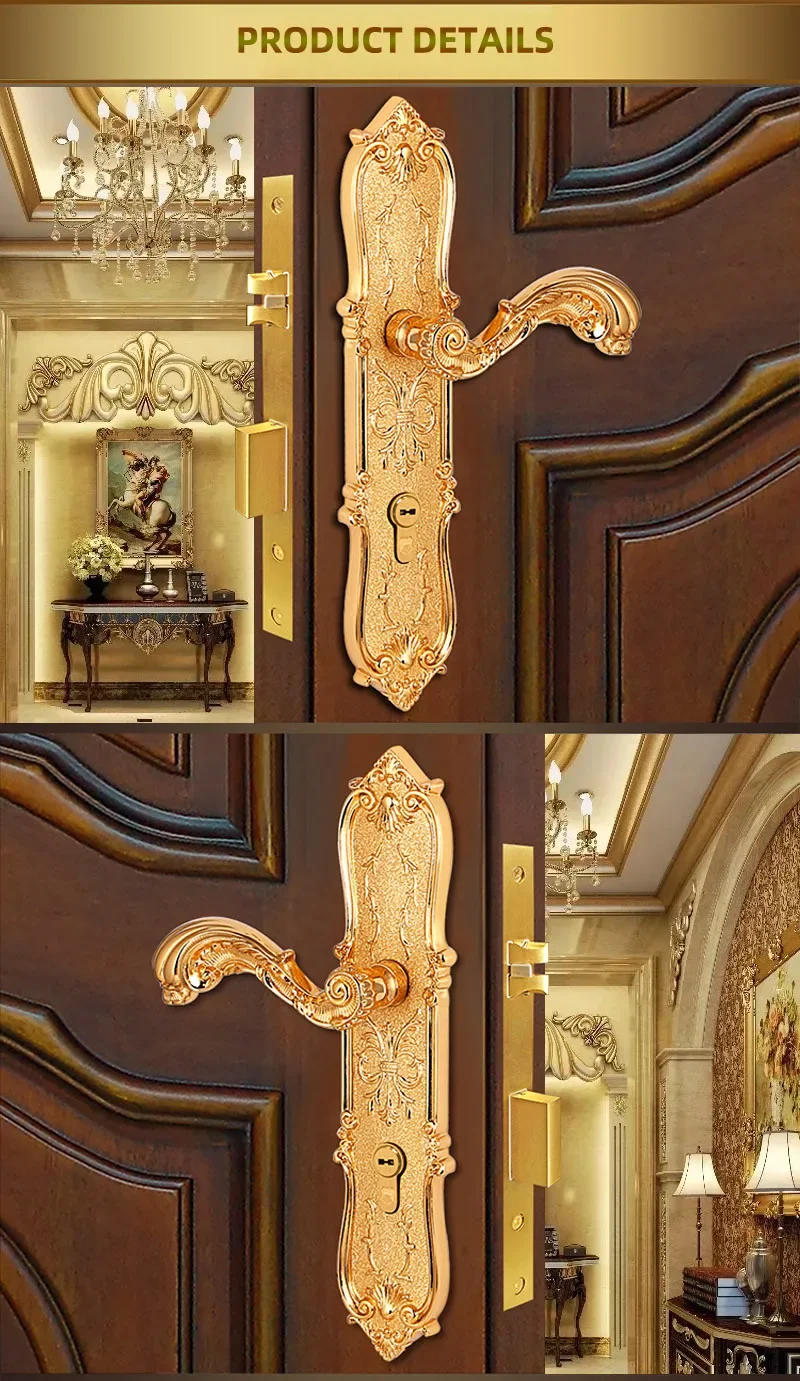 Description Picture 4 of itemEuropen Brass Gate Lock Door Locks Modern Golden Indoor Handle Lockset Villa Rose Golden Wood Door Locksets