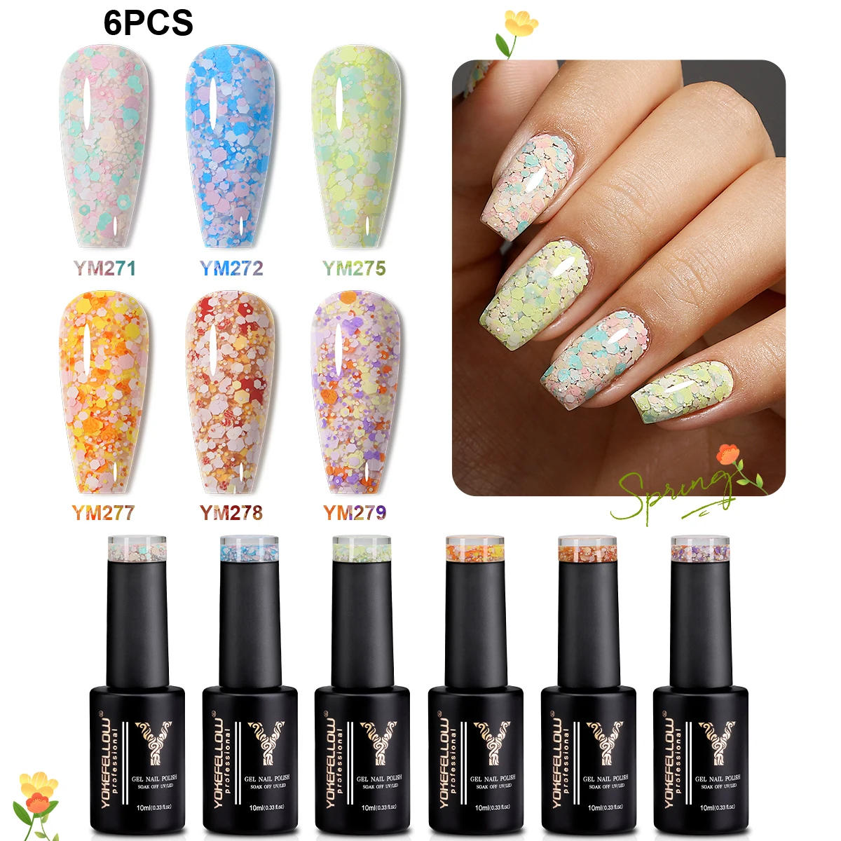 Description Picture 2 of itemYOKEFELLOW Glitter Gel Nail Polish 6PCS/Set Spring Colorful Nail Art Varnish Semi Permanent Soak Off UV Gel For Nails Art Diy