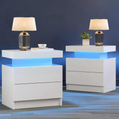 White Nightstand Set of 2 LED Night Stand for Bedroom White Modern LED Bedside Table with 2 Drawers End