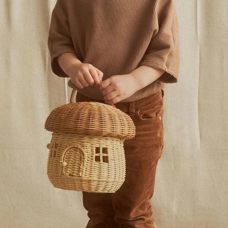 Description Picture 2 of itemCute Rattan Mushroom Basket Hand Woven Wicker Storage Baskets Beach Straw Organizer Box for Kids Summer Vacation Picnic Basket