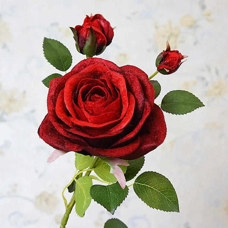 Description Picture 4 of itemArtificial Palace Roses 3 Heads Diamond Velvet Fake Flowers Hotel Garden Decorated with Black Rose Branches Simulation Flower