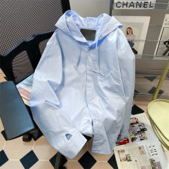 Korean Style Blue Hooded Shirts Women Man Spring Autumn Long Sleeves Single Breasted Loose Casual Shirts Fashion Trend Tops