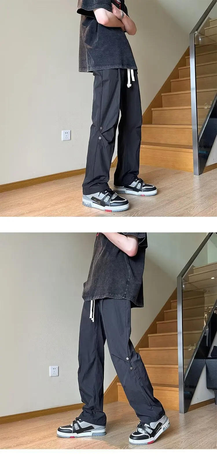 Description Picture 6 of item2024 Spring Straight Casual Pants Streetwear for Men Wide Leg Solid Color Cargo Pants Elastic Waist Harajuku Men's Pants