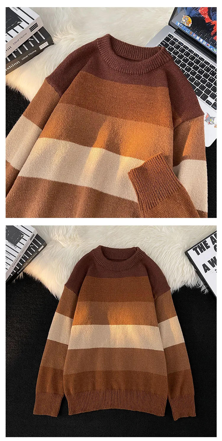 Description Picture 2 of item2024 Men's Autumn Winter Korean Long Sleeve Sweater Tops Male Round Neck Loose Knit Top Men Contrast Color Striped Jumpers S117