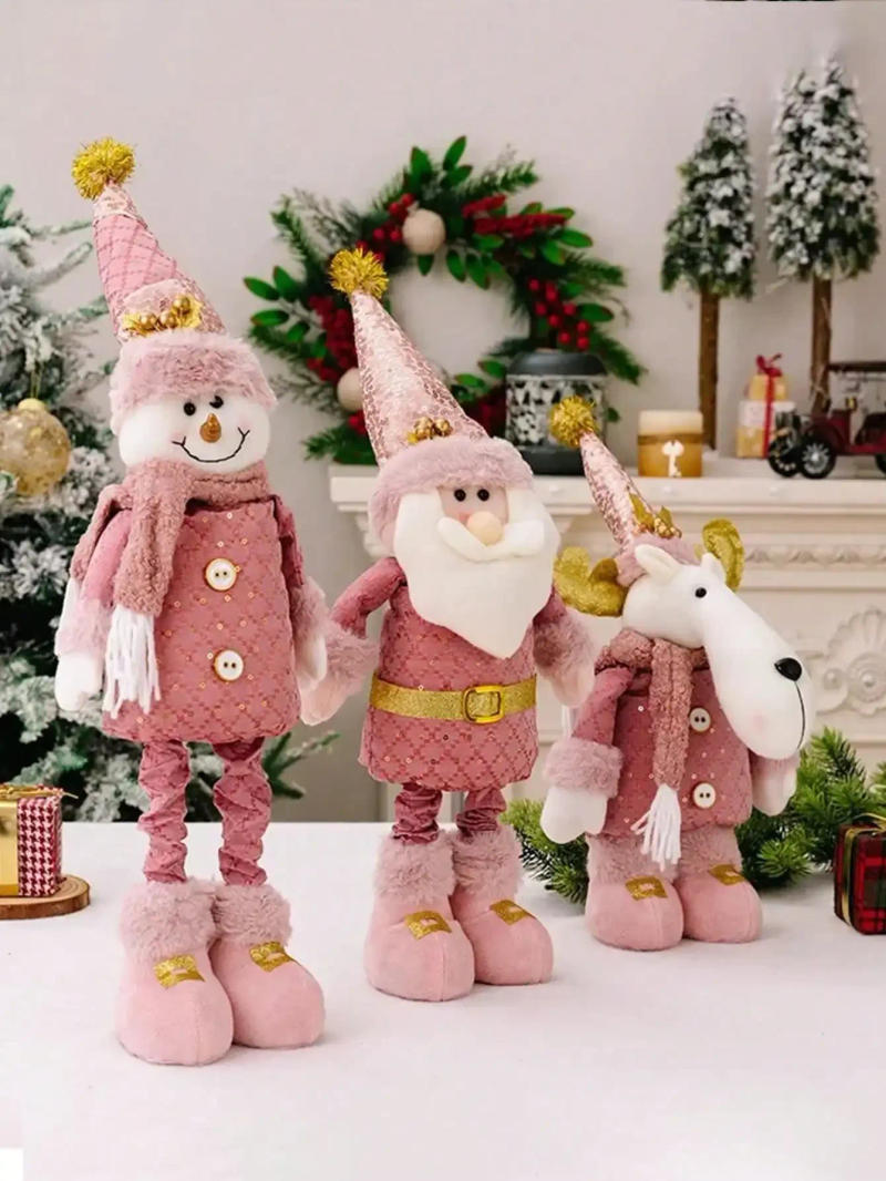 Description Picture 4 of item2024 Christmas Pink Santa Claus Snowman Reindeer Telescopic Doll Merry Christmas Decorations For Home Xmas Ornaments