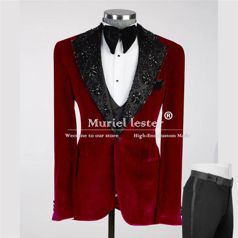 Description Picture 6 of itemRoyal Velvet Wedding Tuxedos Luxury Handmade Beaded Stoned Jacket Vest Pants 3 Pieces Set Men's Suits Formal Party Costume Homme
