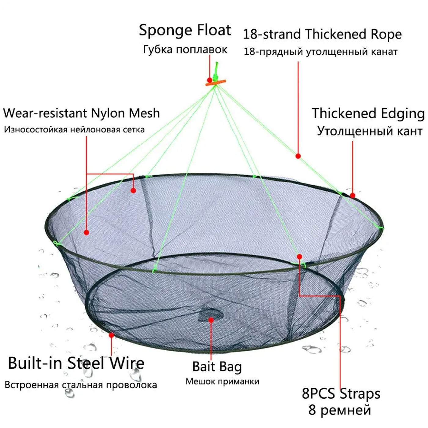 Description Picture 4 of item80CM Loose Mouth Folding Drop Fishing Net Shrimp Catcher Tank Casting Network Fish Eels Trap Cage Prawn Bait Crab Netting