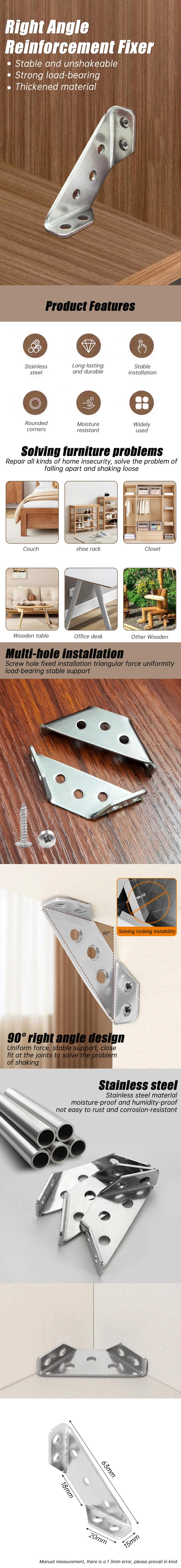 Description Picture 2 of item5/10pcs Universal Furniture Corner Connector Stainless Steel Corner Brace with Screws Heavy Duty Angle Shelf Brackets for Woods