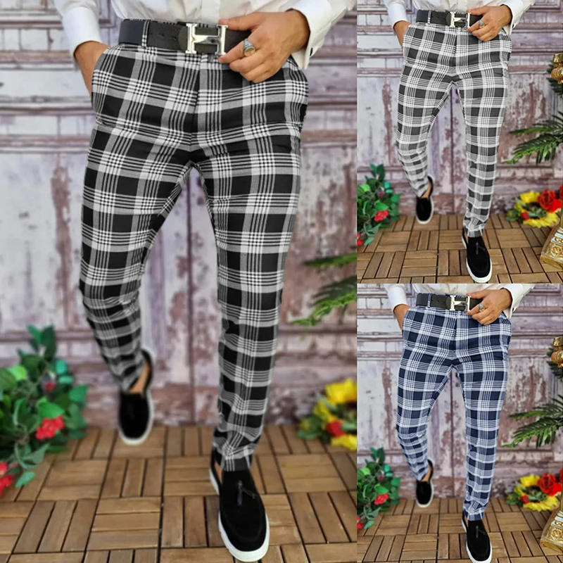 Description Picture 6 of itemNew Fashion Mens Plaid Business Casual Long Pants Social Black Trousers Male Mid Waist Classic Print Office Work Clothing