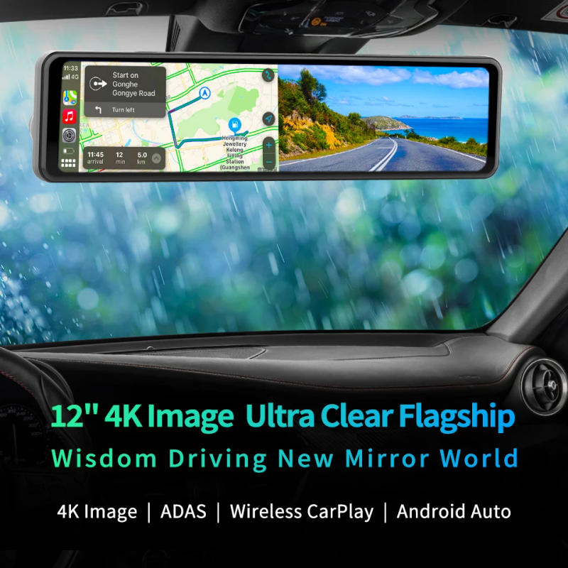 Description Picture 2 of itemImagebon 12" 4K ADAS Rearview Mirror DVR with Wireless CarPlay & Android Auto AI Voice GPS Navigation AUX FM BT Dash Camera
