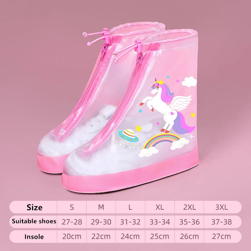 Description Picture 3 of item1 set Non-slip Waterproof Rain Shoe Covers Solid Rain Shoes Kids Cartoon Unicorn Galoshes Zip PVC Rain Shoes