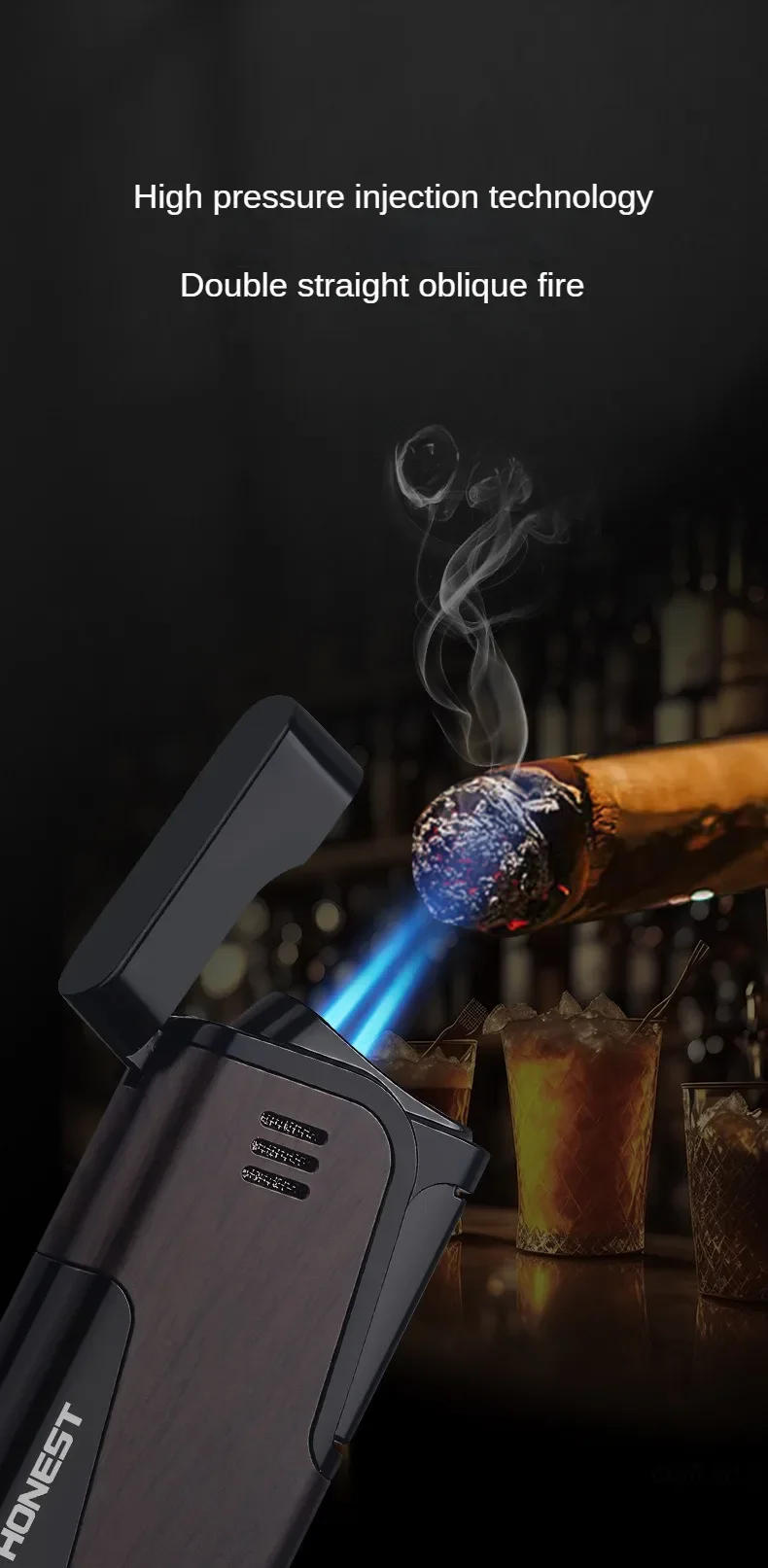 Description Picture 4 of itemHONEST Dual Direct Injection Oblique Fire Metal Inflatable Lighter, Special Igniter for Cigars, with Cigar Tools, High Quality