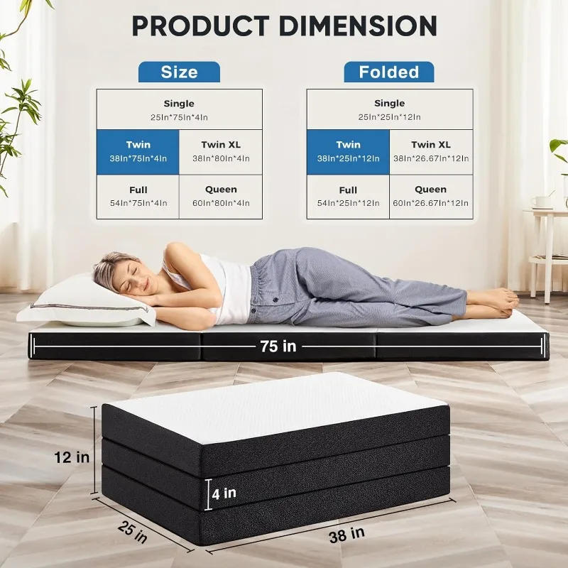 Description Picture 3 of itemTri-fold Memory Foam Mattress - 4 Inch Twin Size Portable Floor Bed, Foldable Mat for Kids and Adults