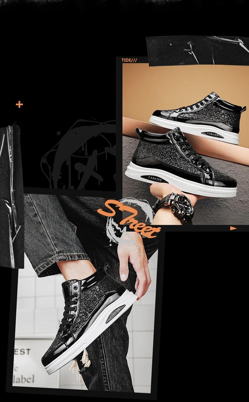 Description Picture 3 of item2025 Fashion Gray Men's High Top Shoes Glitter Leather Man Casual Sneakers Streetwear Hip-hop Skateboard Shoes Men Plus Size 46