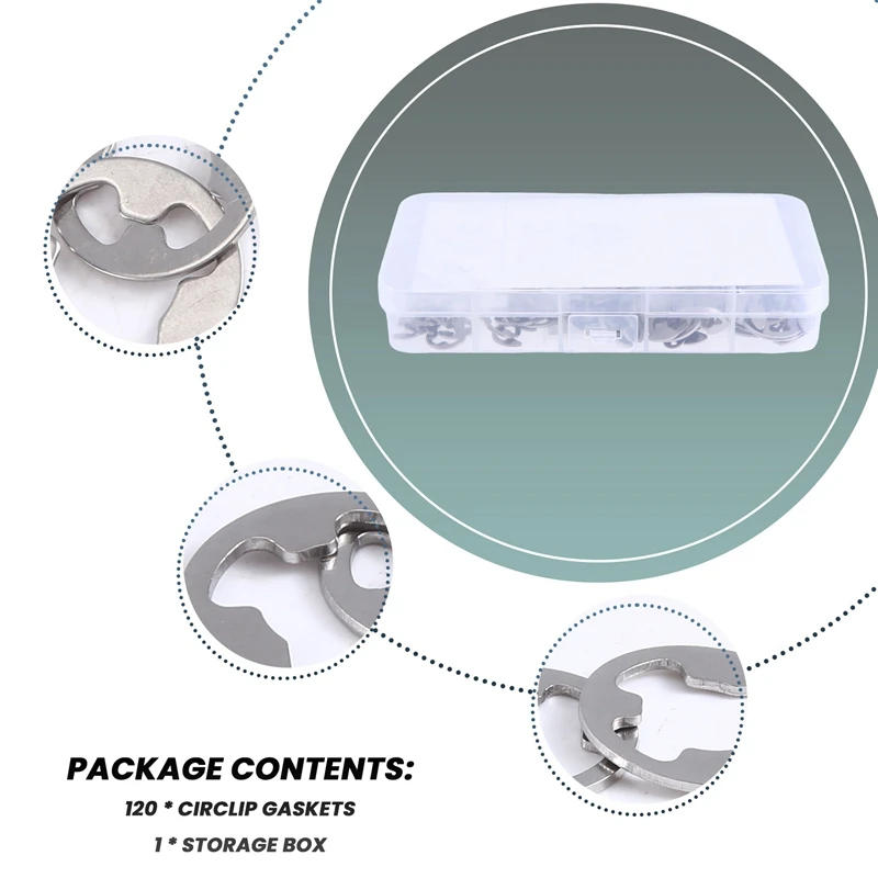 Description Picture 5 of item120PCS 304 Stainless Steel E Clip Washer Assortment Kits Circlip Retaining Ring For Shaft Fastener M1.5-M10