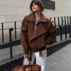 Women's Faux Suede Oversize Jacket Long Sleeve Lapel Zipper Coat Vintage Brown Outwears 2025 New Lady Fashion Streetwear Clothes