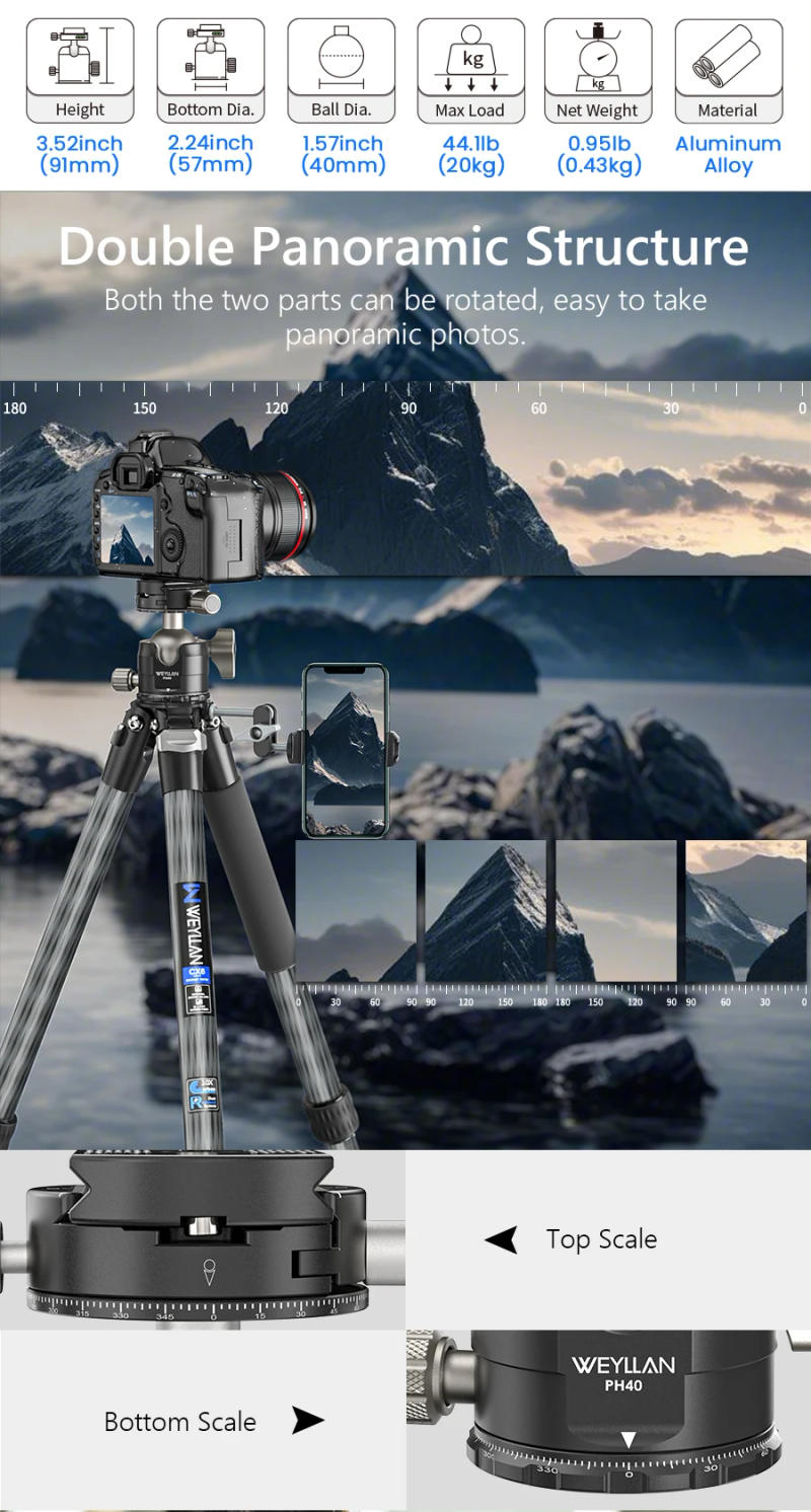 Description Picture 6 of itemCX6 Professional 10 Layers Carbon Fiber Tripod for DSLR Camera Heavy Duty 40mm Low Profile Ball Head Compact Structure 175cm