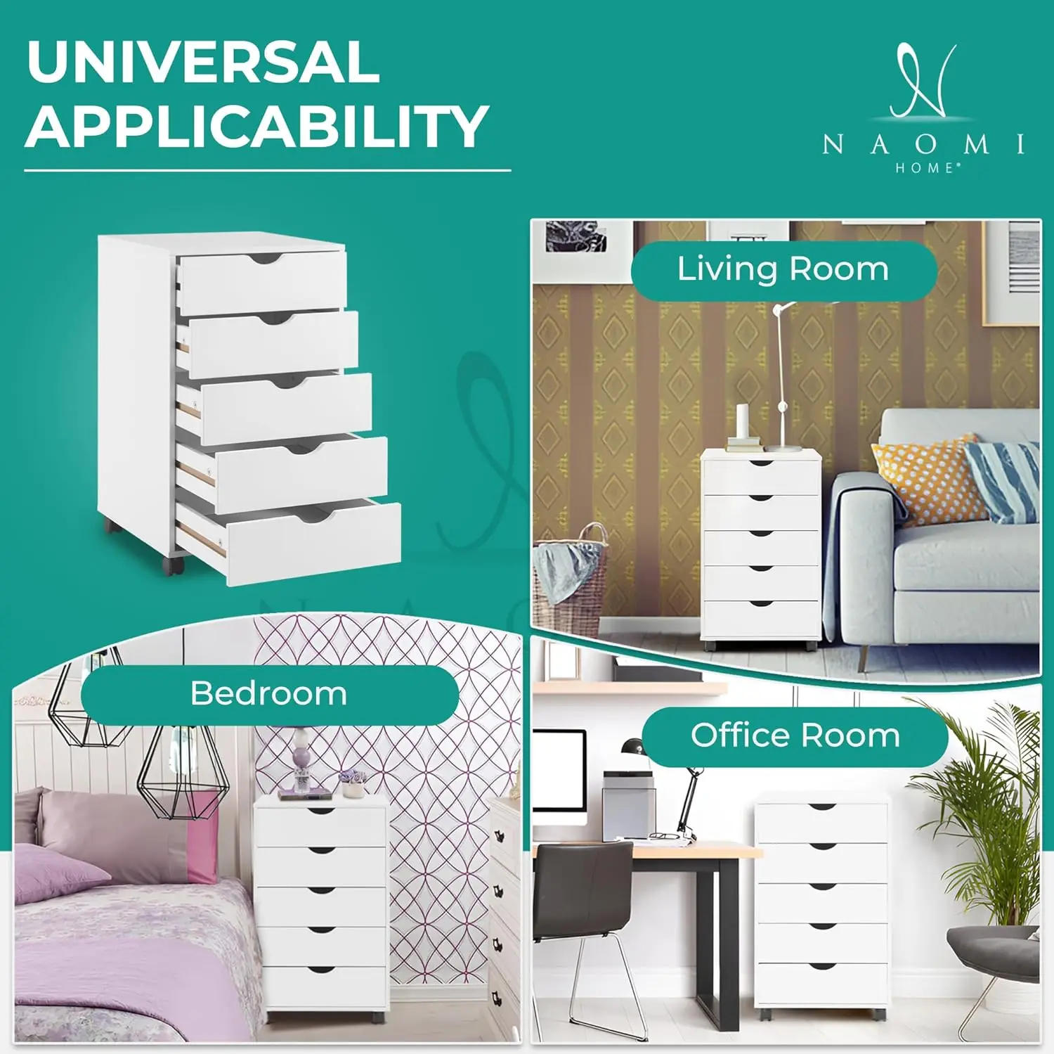 Description Picture 4 of item5 Drawer Chest, Wood Storage Dresser Cabinet with Wheels, Craft Storage Organization, Makeup Drawer Unit for Closet, Bedroom