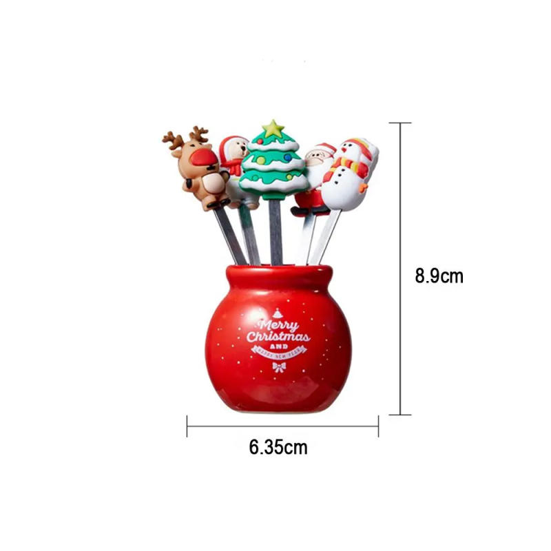 Description Picture 3 of item1 Set Christmas Tree Stainless Steel Dessert Fruit Forks With Holder Set Mini Cute Salad Food Cutlery Dinnerware Kitchen Gadgets