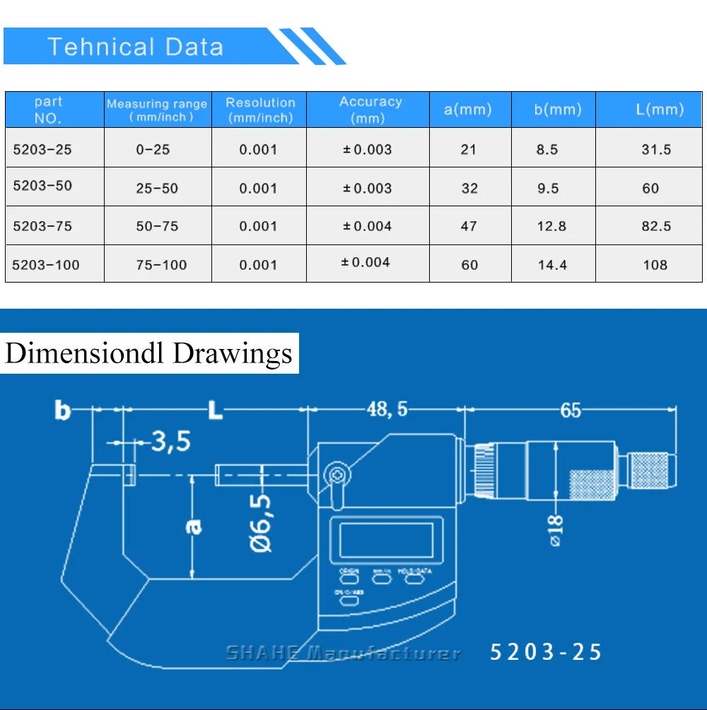 Description Picture 6 of itemSHAHE IP65 Waterproof Digital Micrometer Caliper Gauge 0.001mm Electronic Digital Micrometer Caliper Measuring Gauge Tools