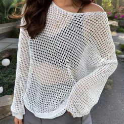 Women Long Sleeve Hollow Out Mesh Thin Knit Shirt Lazy Style Loose Style Pullover Lightweight Fashion Casual Streetwear Tops