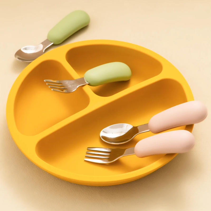 Description Picture 4 of item2PCS Baby Silicone Stainless Steel Fork Spoon Portable Baby Tableware Feeding Training Baby Utensils Solid Color Baby Stuff
