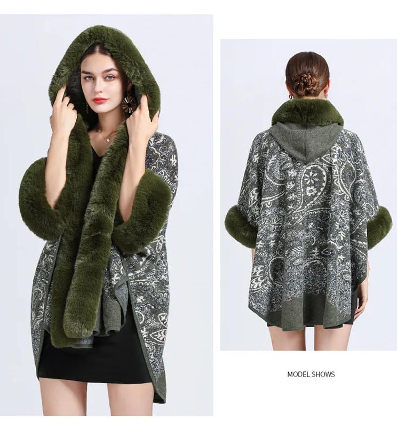 Description Picture 3 of item6 Colors Khaki Long Faux Rabbit Fur Collar Hat Cloak Women Party Overcoat Winter Thick Cape Loose Printed Streetwear Coat