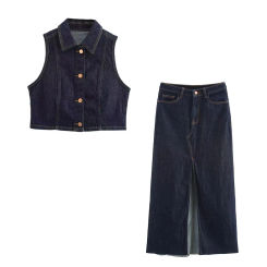 Women's casual loose sleeved lapel denim vest, summer new style with slit decoration, high waist straight leg skirt